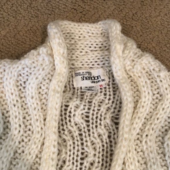 Shawl collar tuxedo hem open weave ivory  cardigan sweater M - Picture 3 of 16